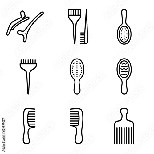 Hair Styling Icon Set. Outline icon set of hair styling tools: sectioning clips, styling brush set, backcombing comb, teasing