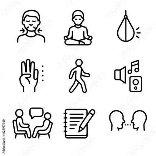 Anger Management Icons. Outline icon set of anger management techniques: deep breathing, meditation, punching bag, counting,
