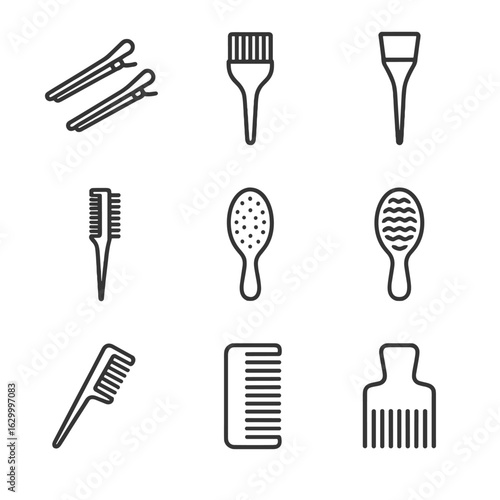 Hair Styling Icon Set. Outline icon set of hair styling tools: sectioning clips, styling brush set, backcombing comb, teasing