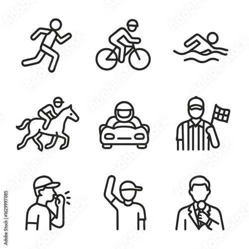 Race Participant Icons. Outline icon set of race participants: runner, cyclist, swimmer, jockey, driver, referee, coach, spectator