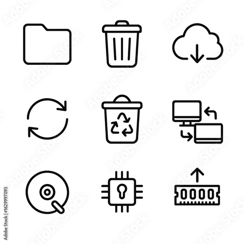 Digital Memory Icons Grid. Outline icon set of digital memory management: file folder, trash bin, backup cloud, sync arrows,