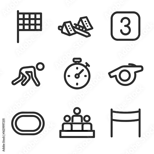 Race Start Icons. Outline icon set of race start: starting flag, starting blocks, countdown, runner stance, stopwatch, referee