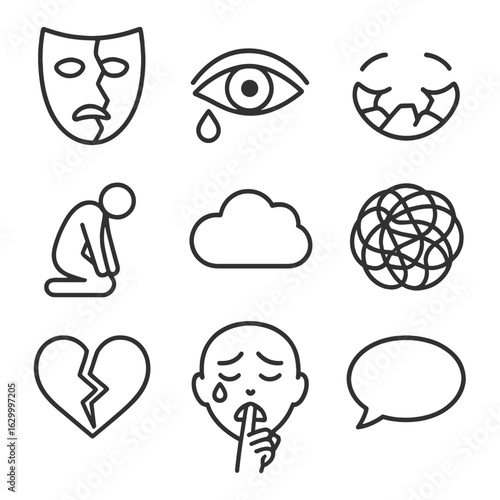 Emotional Collapse Icons. Outline icon set of emotional collapse: broken mask, tearful eye, shattered smile, collapsing figure,