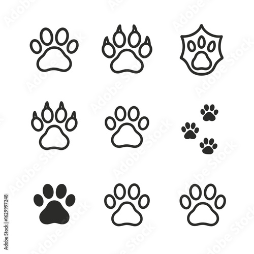 Animal Paws Icons. Outline icon set of animal paws: front paw, hind paw, clawed paw, webbed paw, paw with nails, paw pad, paw