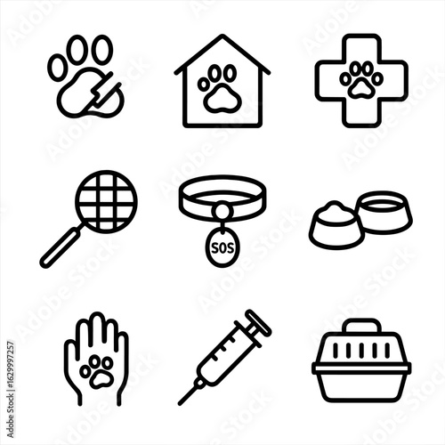Animal Rescue Icons. Outline icon set of animal rescue distress: injured paw, animal shelter, vet cross, rescue net, collar SOS