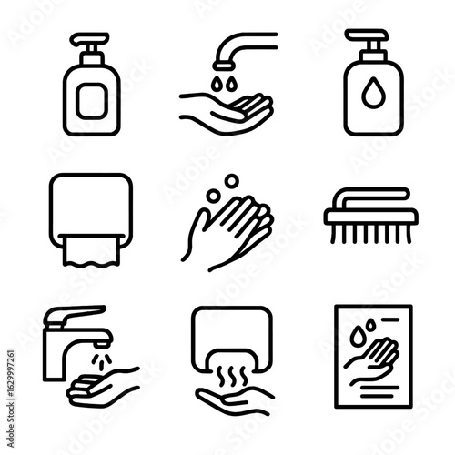 Hand Hygiene Icons. Outline icon set of hand hygiene protocols: soap dispenser, sink faucet, hand sanitizer dispenser, paper towel