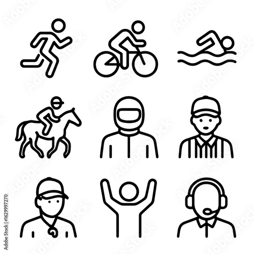 Race Participant Icons. Outline icon set of race participants: runner, cyclist, swimmer, jockey, driver, referee, coach, spectator