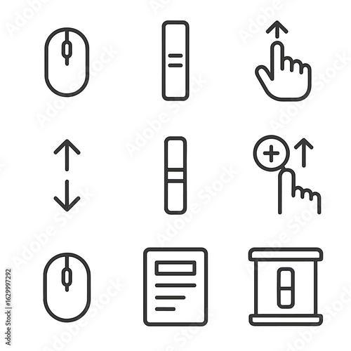 Digital Scroll Icons. Outline icon set of digital interface scrolls: scroll mouse, scrollbar slider, touch scroll, scroll arrows,
