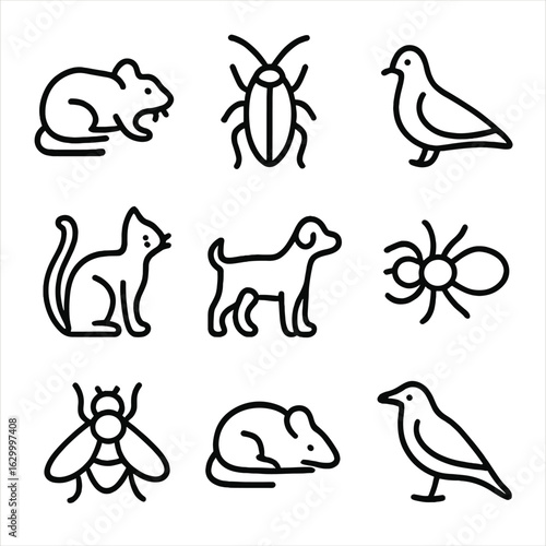 Outline Animal Icons. Outline icon set of mess animals: rat, cockroach, pigeon, stray cat, dog, ant, fly, mouse, crow. Line icons