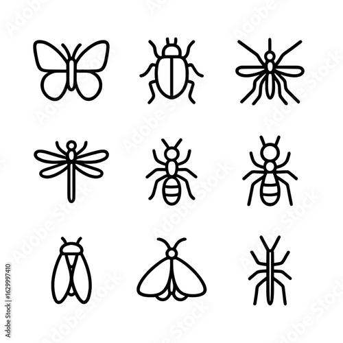 Rainforest Insect Icons. Outline icon set of rainforest insects: butterfly, beetle, mosquito, dragonfly, ant, termite, cicada,