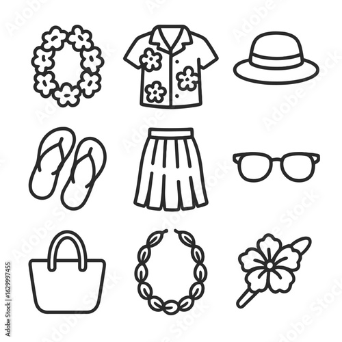 Hawaiian Attire Icons. Outline icon set of Hawaiian attire and accessories: hibiscus lei, aloha shirt, straw hat, flip-flops,
