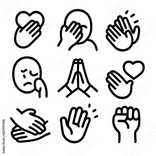 Emotional Hand Icon Set. Solid, filled icon set of emotional hand expressions: hand on heart, hand covering face, hands clapping,