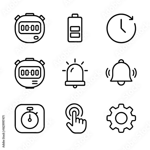 Digital Stopwatch Icons. Outline icon set of digital stopwatch features: LED display, battery level, countdown timer, multiple lap