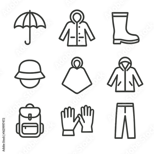 Rain Gear Icons. Outline icon set of raincloud clothing and gear: umbrella, raincoat, rain boots, waterproof hat, poncho, rain
