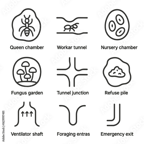 Ant Colony Icons. Outline icon set of ant colony structure: queen chamber, worker tunnel, nursery chamber, fungus garden, refuse