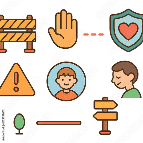 Healthy Boundaries Icons. Flat vector mini-illustrations setting healthy boundaries in colors children's illustrations: barrier