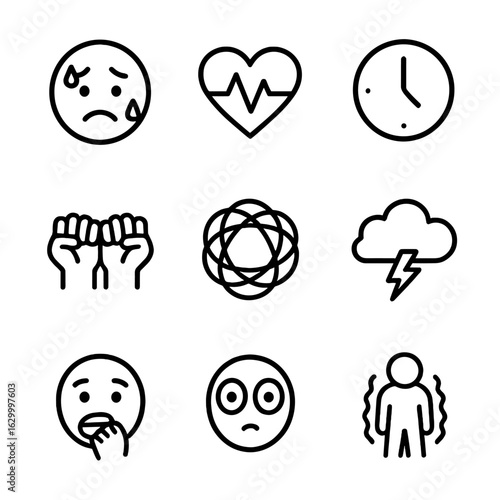 Anxiety Icon Set. Outline icon set of anxiety: sweating face, heartbeat, clock, clenched fists, tangled lines, storm cloud, biting