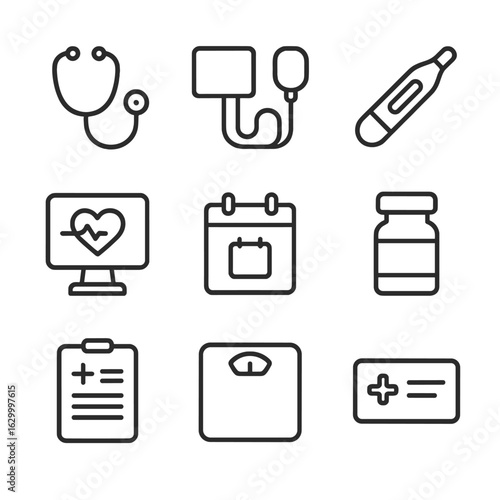 Health Monitoring Icon Set. Outline icon set of health monitoring and check-ups: stethoscope, blood pressure cuff, thermometer,
