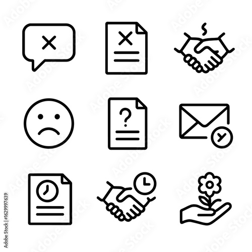 Apology Icon Set. Outline icon set of excuse and apology: speech bubble apology, excuse letter icon, handshake with regret,