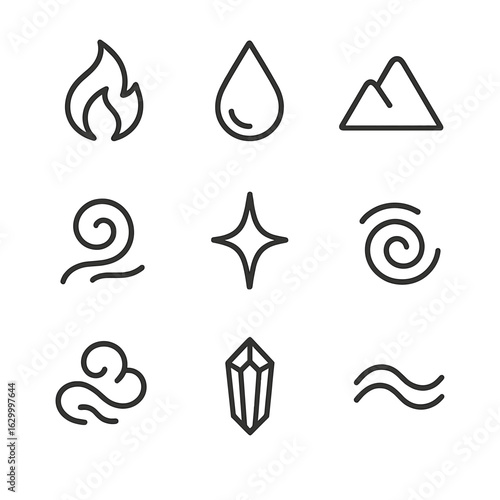Reincarnation Icon Set. Outline icon set of reincarnation elements: fire flame, water drop, earth mountain, air swirl, cosmic star