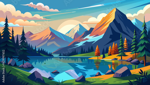 Vector art of stunning mountain landscape with snowcapped peaks reflected in a tranquil lake, bordered by vibrant green forests and trees under a bright, cloudy sky