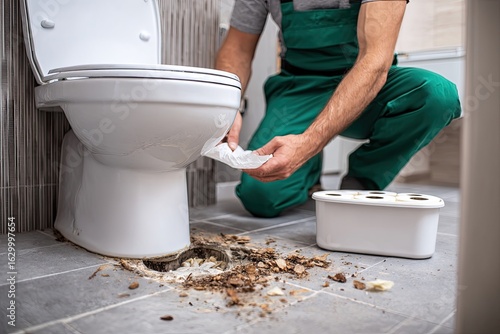 Plumber cleaning a toilet base, debris on floor