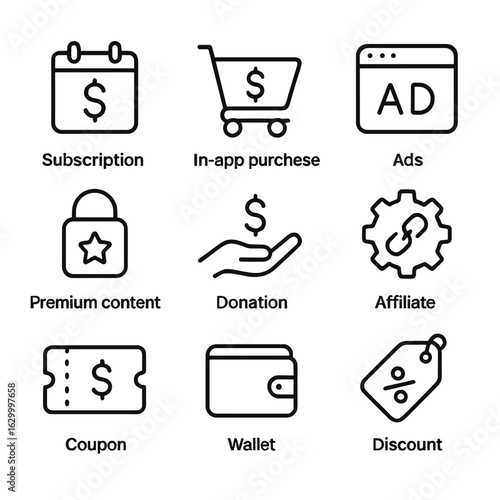 App and Notification Icons. Outline icon set of app monetization: subscription, in-app purchase, ads, premium content, donation,