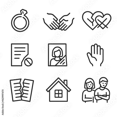 Relationship Loss Icons. Outline icon set of relationship loss: broken ring, parted hands, crossed hearts, divorce papers, faded