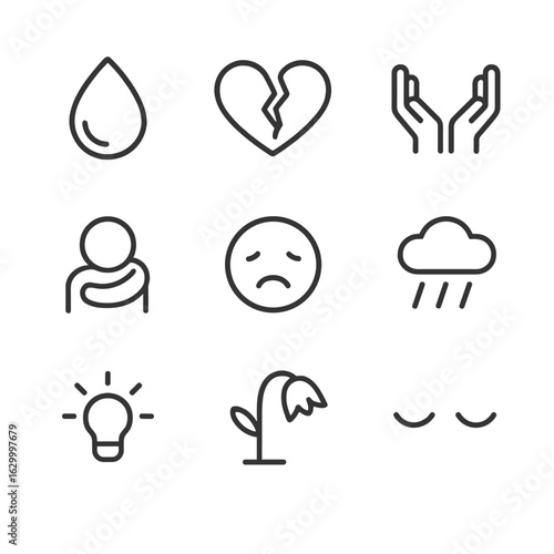 Emotional Icon Set. Outline icon set of shiver in emotional moments: tear drop, broken heart, open hands, hugging figure, sad face
