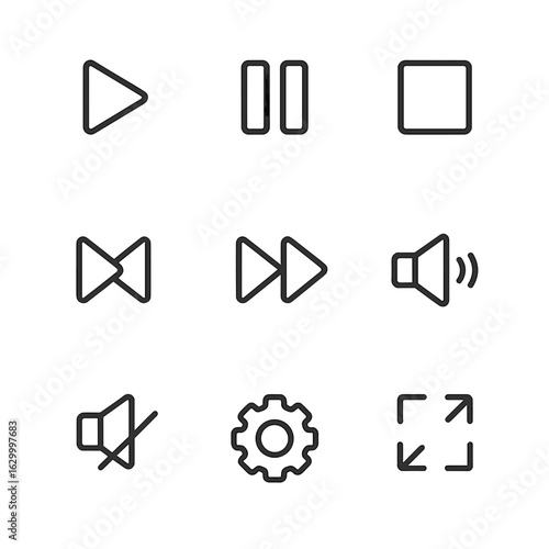 App Control Icons. Outline icon set of app controls: play, pause, stop, rewind, fast forward, volume, mute, settings gear,
