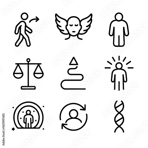 Reincarnation Journey Icons. Outline icon set of reincarnation journey: soul traveler, spirit wings, astral body, karma balance,