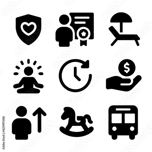 Employee Benefits Icons. Solid, filled icon set of employee benefits: health insurance, retirement plan, paid leave, wellness