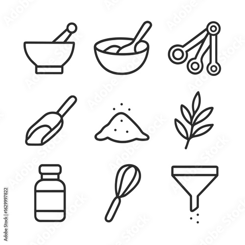 Herb & Spice Icons. Outline icon set of herb and spice blending: mortar & pestle, mixing bowl, measuring spoons, spice scoop,