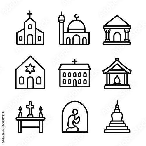 Religious Places Icons. Outline icon set of religious places: church, mosque, temple, synagogue, monastery, shrine, altar, prayer