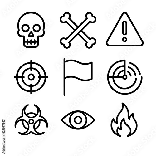 Enemy Symbol Icons. Outline icon set of enemy symbols and signs: skull, crossbones, warning sign, target, red flag, enemy radar,