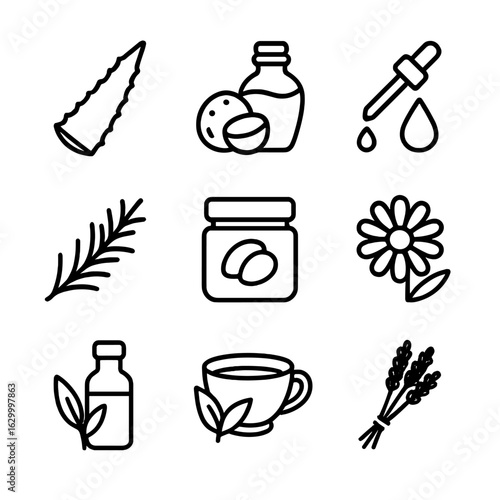 Herbal Hair Care Icons. Outline icon set of herbal hair care products: aloe vera leaf, coconut oil bottle, argan oil dropper,