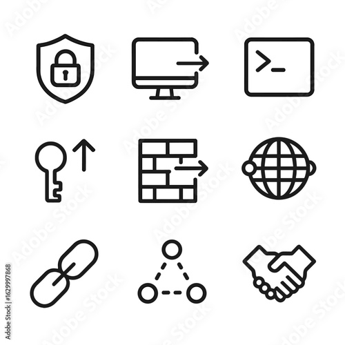 Remote Connectivity Icons. Outline icon set of remote connectivity: VPN lock, remote desktop screen, SSH terminal, remote access