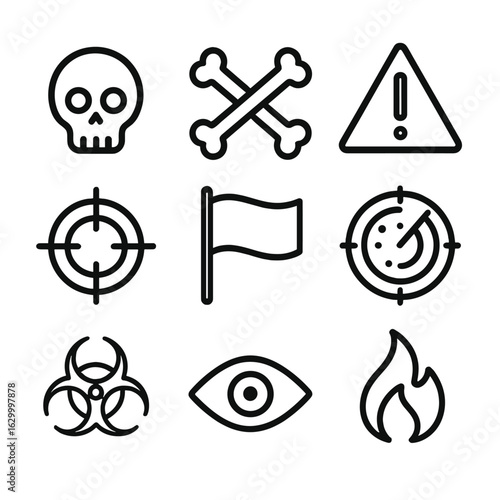 Enemy Symbol Icons. Outline icon set of enemy symbols and signs: skull, crossbones, warning sign, target, red flag, enemy radar,