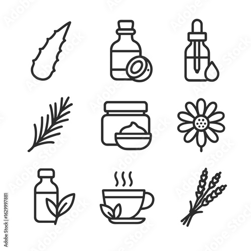 Herbal Hair Care Icons. Outline icon set of herbal hair care products: aloe vera leaf, coconut oil bottle, argan oil dropper,