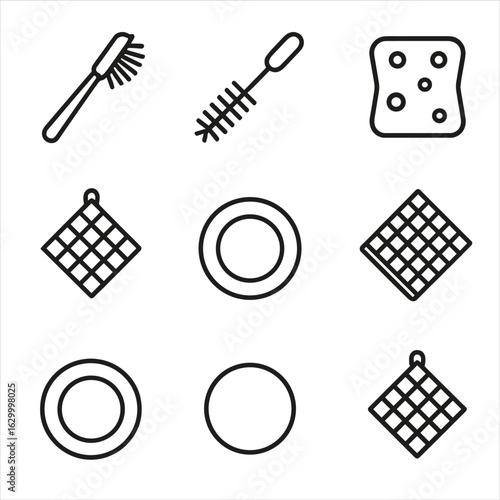 Dishwashing Tool Icons. Outline icon set of dishwashing tools: dish brush, bottle brush, sponge, dish cloth, dish consistent