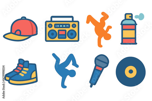 Hip Hop Dance Icons. Flat vector mini-illustrations hip hop dance moves in colors children's illustrations: snapback cap, boombox,