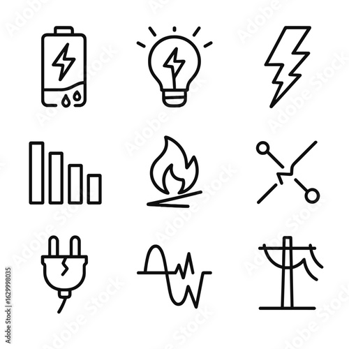 Energy Imbalance Icons. Outline icon set of energy imbalance: leaking battery, flickering bulb, broken lightning bolt, uneven