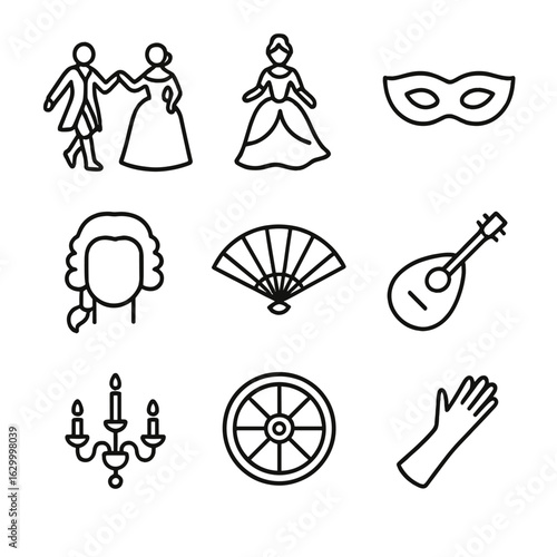 Historical Court Dance Icons. Outline icon set of historical court dances: minuet partners, baroque gown swirl, Renaissance mask,