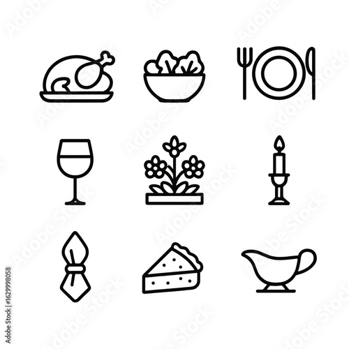 Holiday Dinner Icons. Outline icon set of holiday family dinner: roast turkey, salad bowl, dinner plate, wine glass, gravy boat,