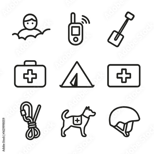 Rescue Survival Icons. Outline icon set of rescue and survival: avalanche victim, rescue beacon, snow shovel, emergency kit,