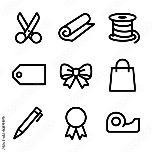 Holiday Gift Icons Set. Outline icon set of holiday gift wrapping and packaging: scissors, wrapping paper roll, ribbon reel, tape
