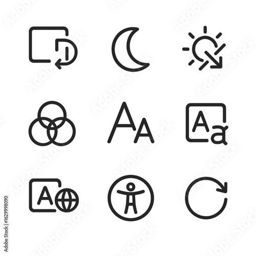 Display Settings Icons. Outline icon set of display settings: screen rotation, night mode, auto-brightness, color mode, font size,