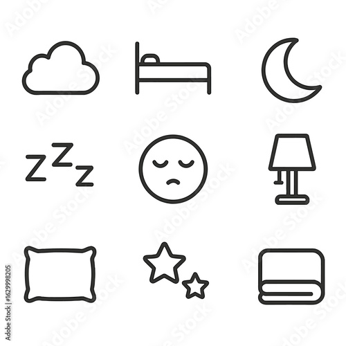 Restful Sleep Icons. Outline icon set of restful sleep: cloud, bed, crescent moon, Zzz symbols, sleeping face, night lamp, pillow,