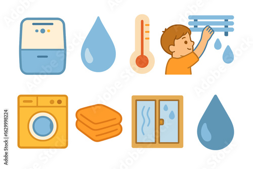 Humidity Control Icons. Flat vector mini-illustrations humidity and condensation control in colors children's illustrations: