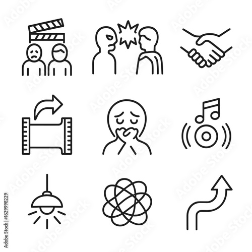 Dissonance Movie Icon Set. Outline icon set of dissonance in movies: tension-filled scene, villain vs hero, conflict resolution,